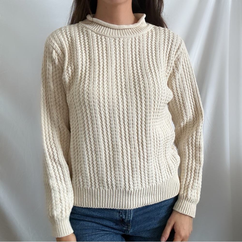 Vintage Lizsport cream knit sweater long sleeve cable fisherman small mockneck